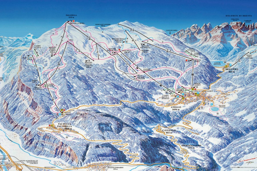mapa wyciągów narciarskich Paganella, przedszkole narciarskie, narty z dziećmi, wyjazdy rodzinne na narty, rozwiń skrzydła